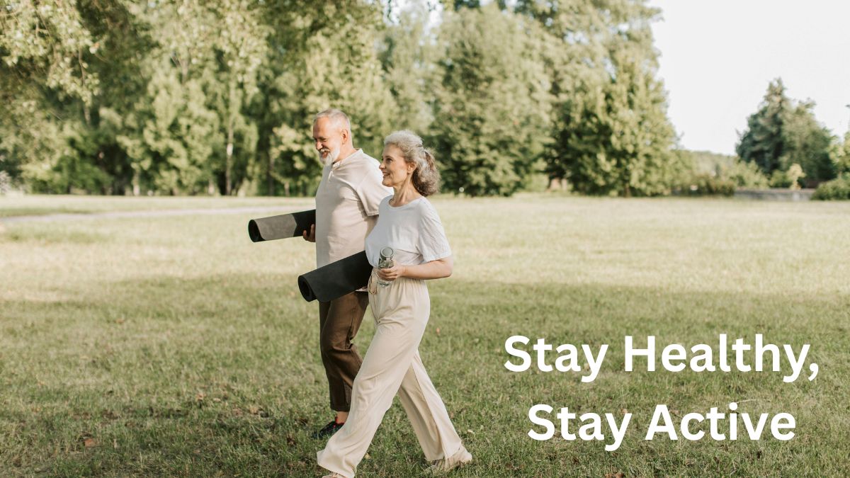 A happy healthy senior couple enjoying a walk after their wellness visit.