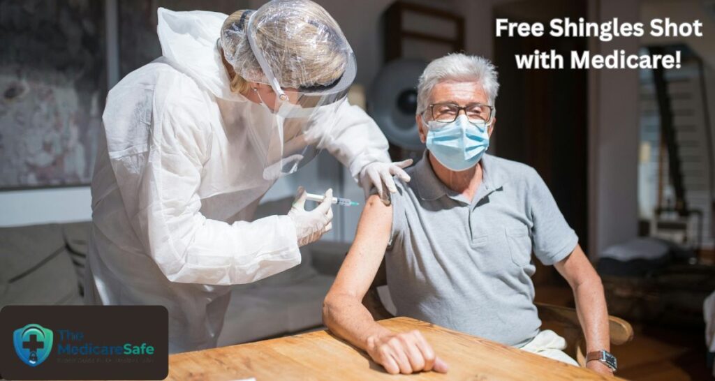 Happy American senior citizen receiving the Shingles (Shingrix) vaccine from a pharmacist.