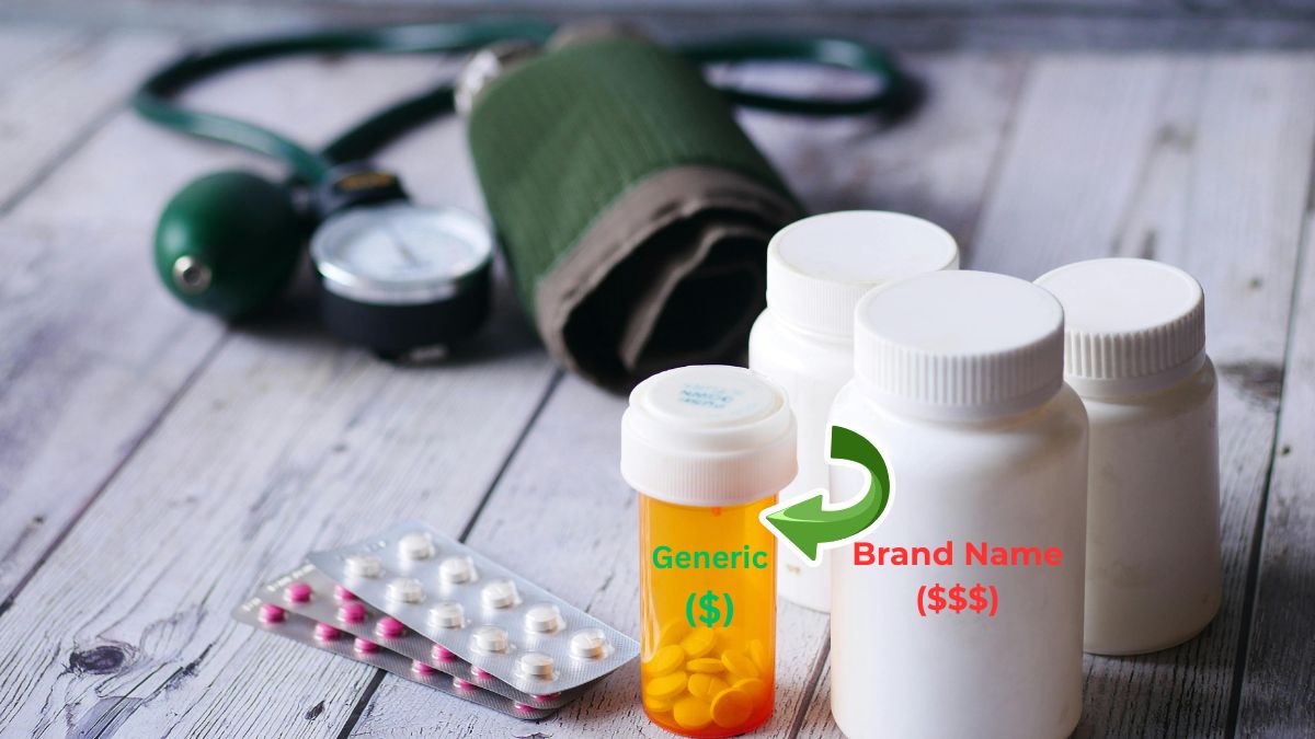 A side-by-side comparison of a red labeled brand name medicine bottle and a green labeled generic medicine bottle showing significant price savings for patients.