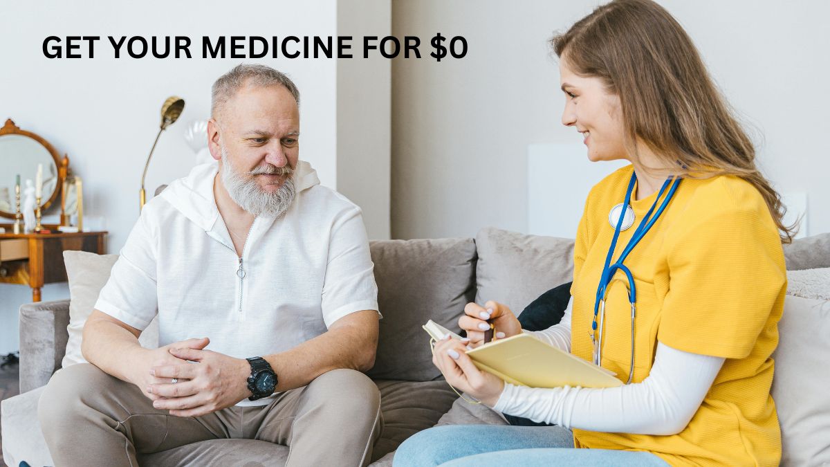 A smiling doctor explaining patient assistance programs to a patient to get free or low-cost prescription medication.