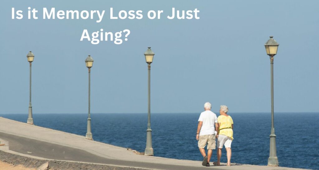 A happy senior couple walking in a park, representing healthy aging and brain health.