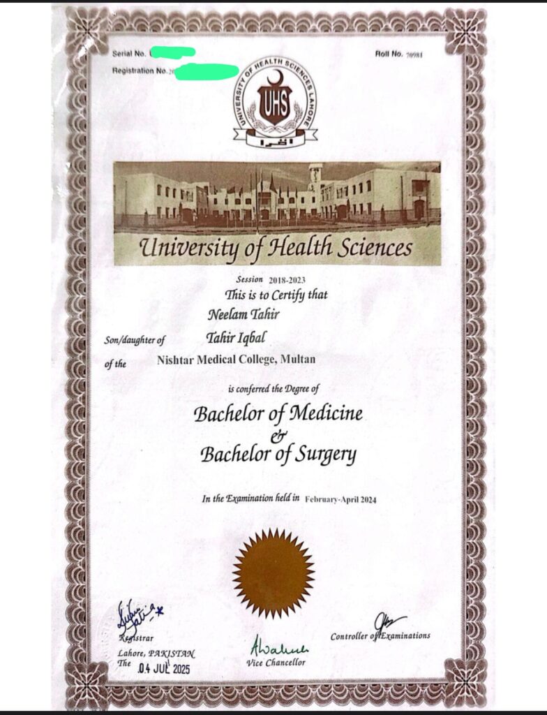 MBBS Degree of Dr. Neelam Tahir from Nishtar Medical College - Medical Expert at The Medicare Safe