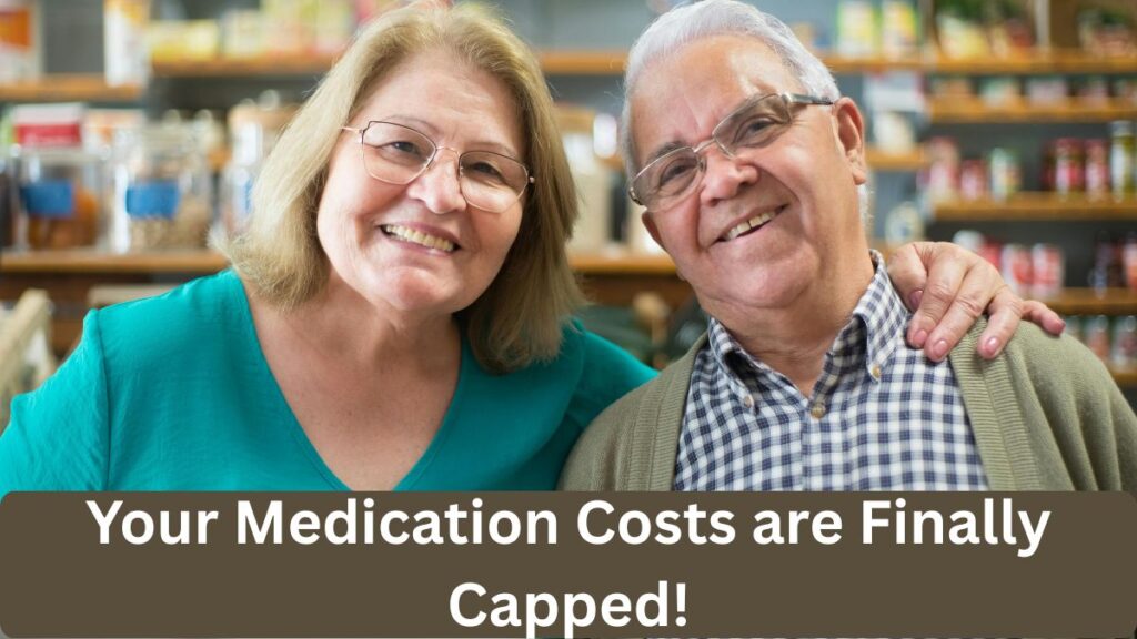 Smiling senior couple at a pharmacy feeling relieved about Medicare 2026 drug cost caps.