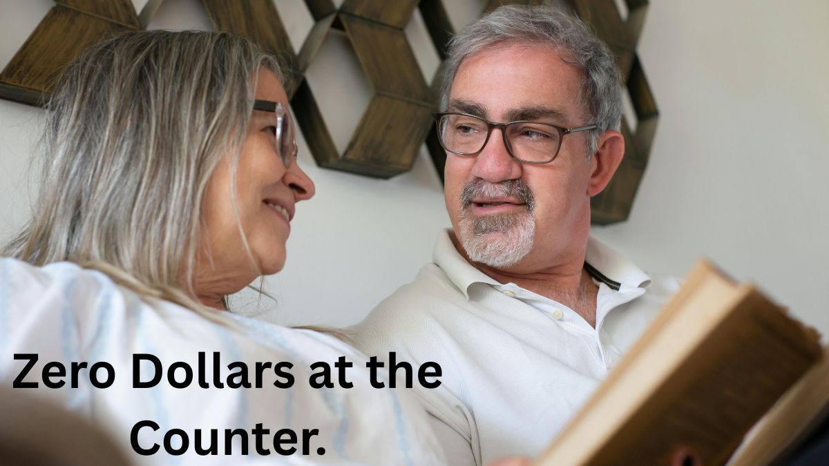 Senior woman looking at a pharmacy bill and smiling because of interest-free monthly installments.