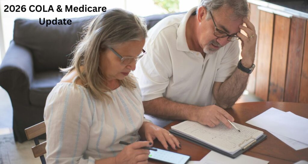 A doctor explaining the 2026 Social Security COLA increase and Medicare Part B premium deduction to a senior couple.