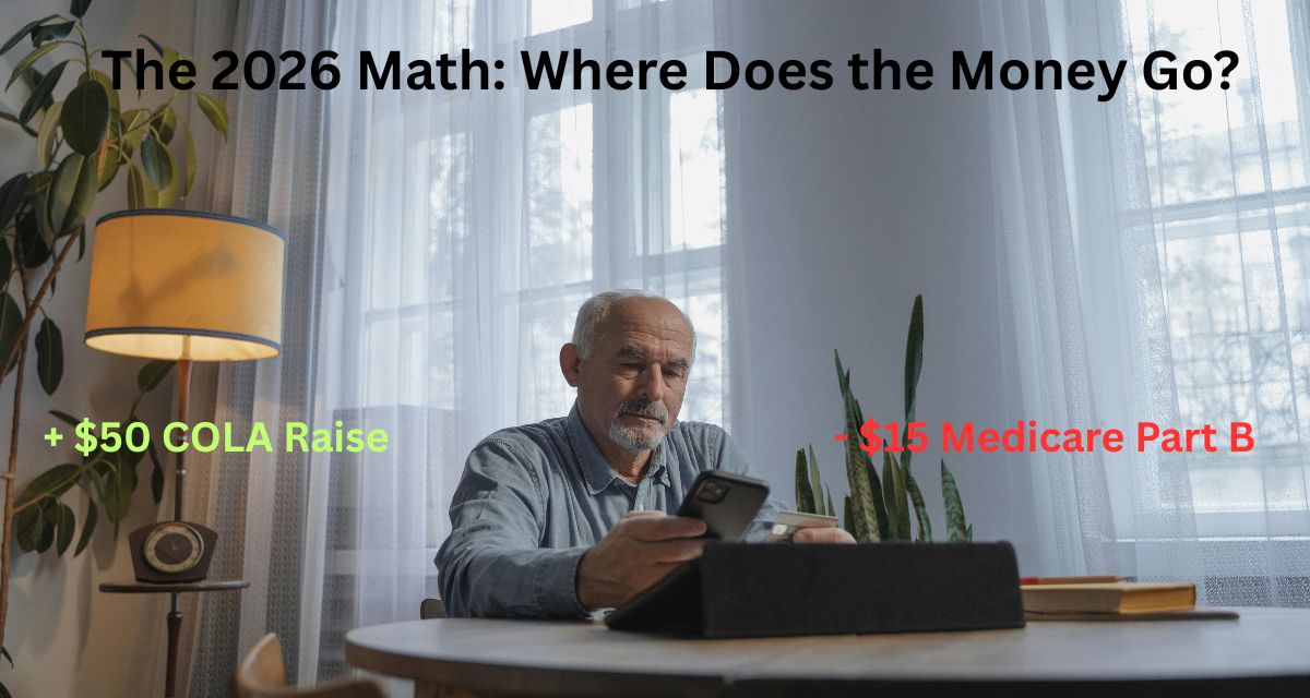 Infographic showing the calculation of Social Security COLA increase minus the Medicare Part B premium deduction for 2026.