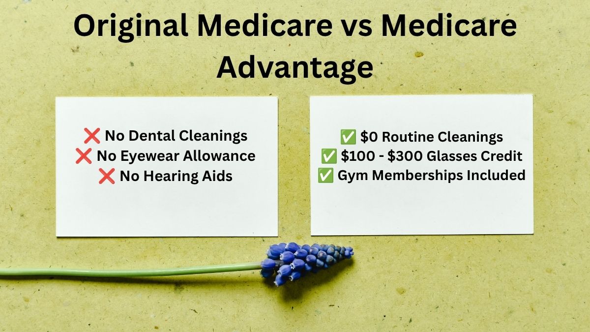 Original Medicare vs Medicare Advantage comparison showing extra benefits like dental cleanings eyewear and gym memberships