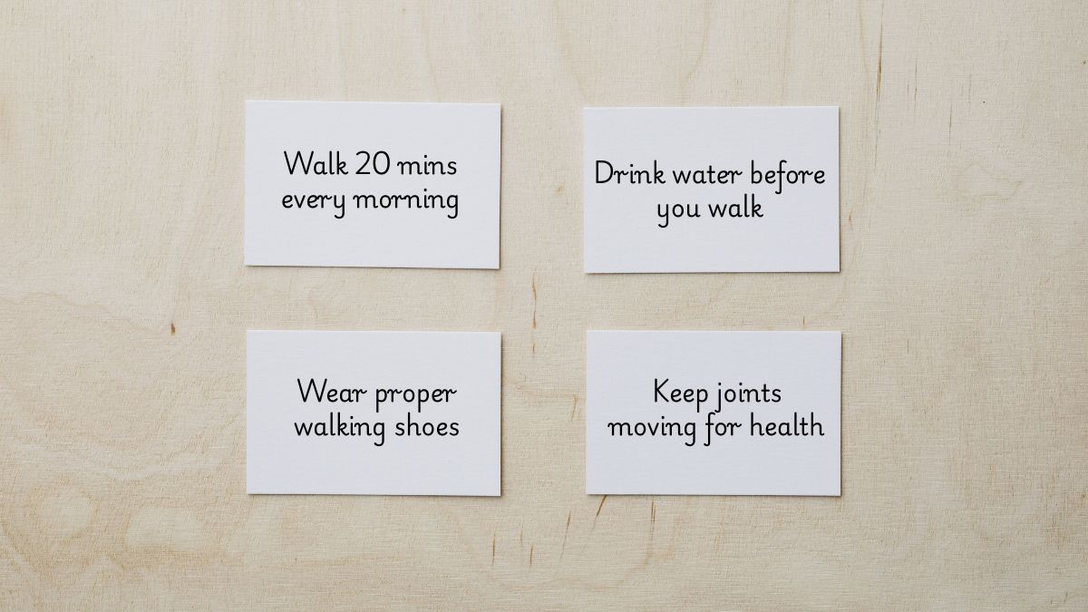 Dr. Neelam's quick senior walking safety tips infographic with handwritten notes on proper shoes, morning walks, and hydration.