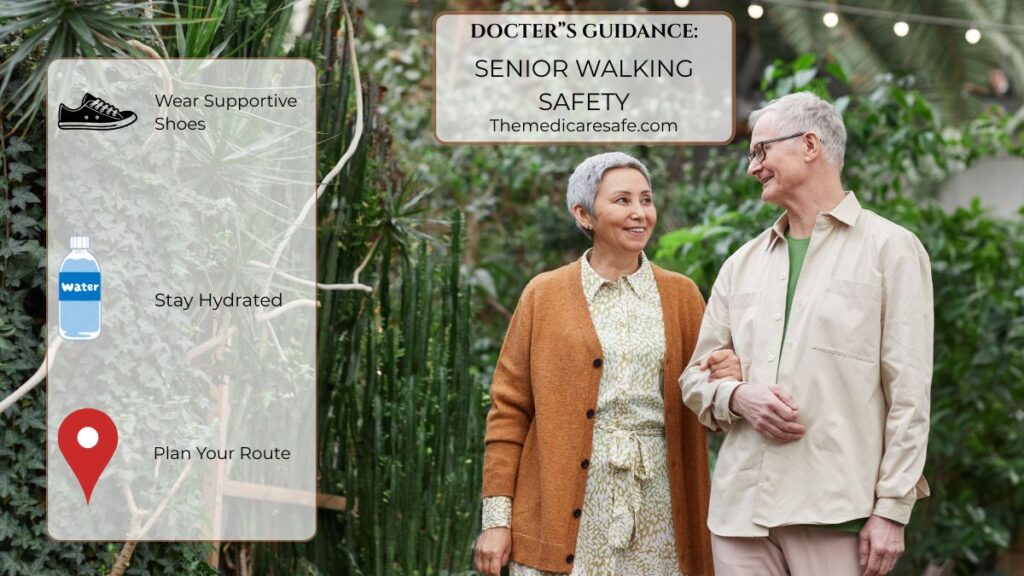 Dr. Neelam's quick senior walking safety tips infographic: supportive shoes, hydration, and planned route.