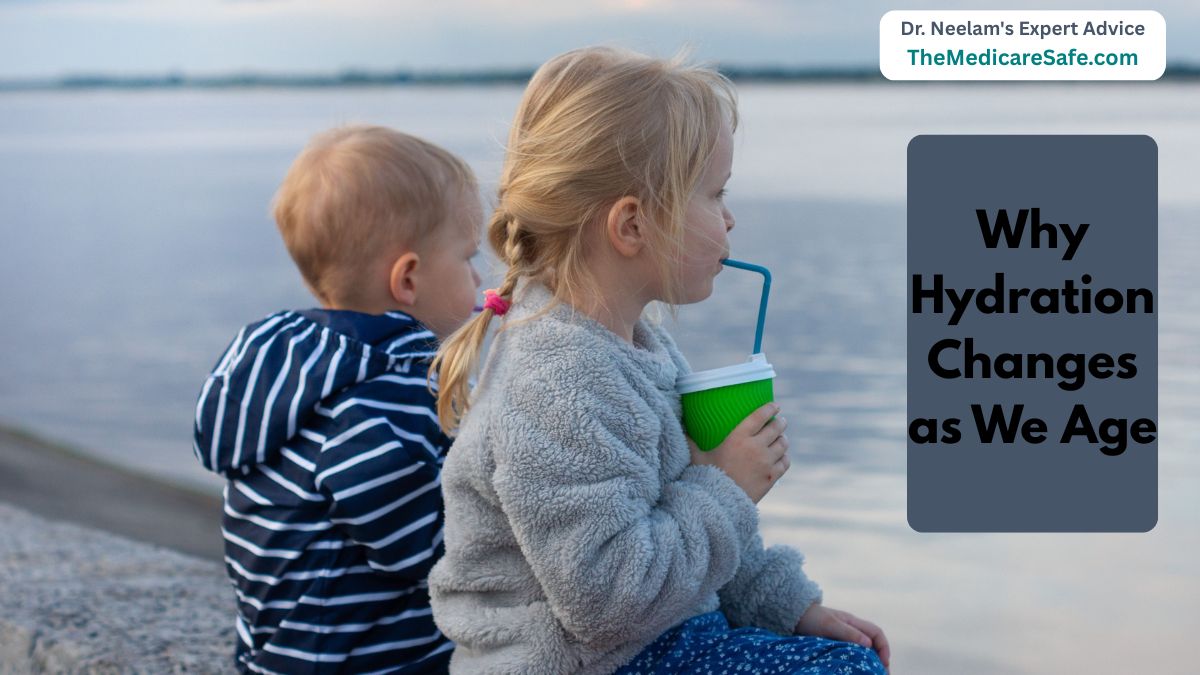 Two young children sitting outdoors drinking water representing fluid needs across age groups
